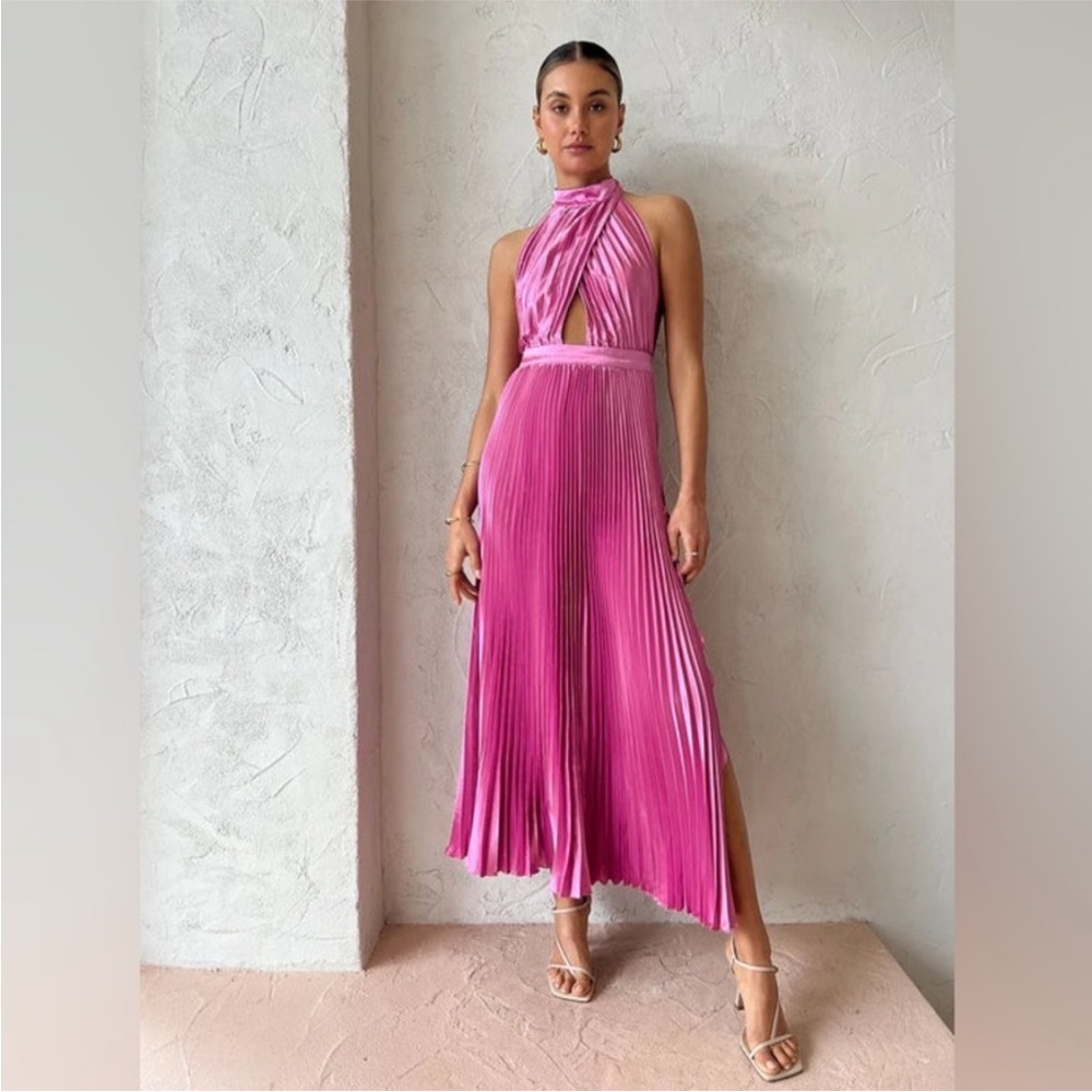 L’IDEE Renaissance Pink Pleated Split Midi Maxi Gown / Wedding Guest Dress, US 6